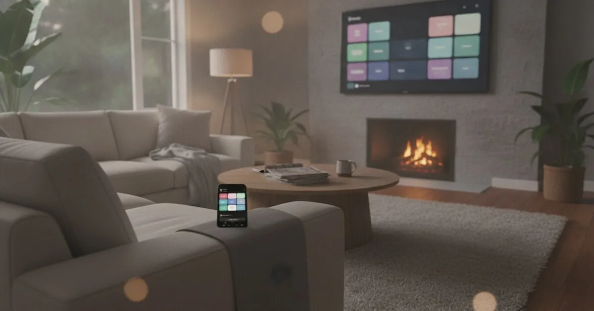 A hand holding a phone as a remote in front of a smart TV home screen