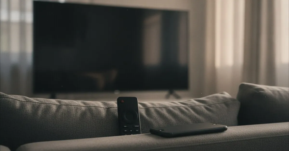A TV remote and a phone on the sofa in front of a switched-off TV