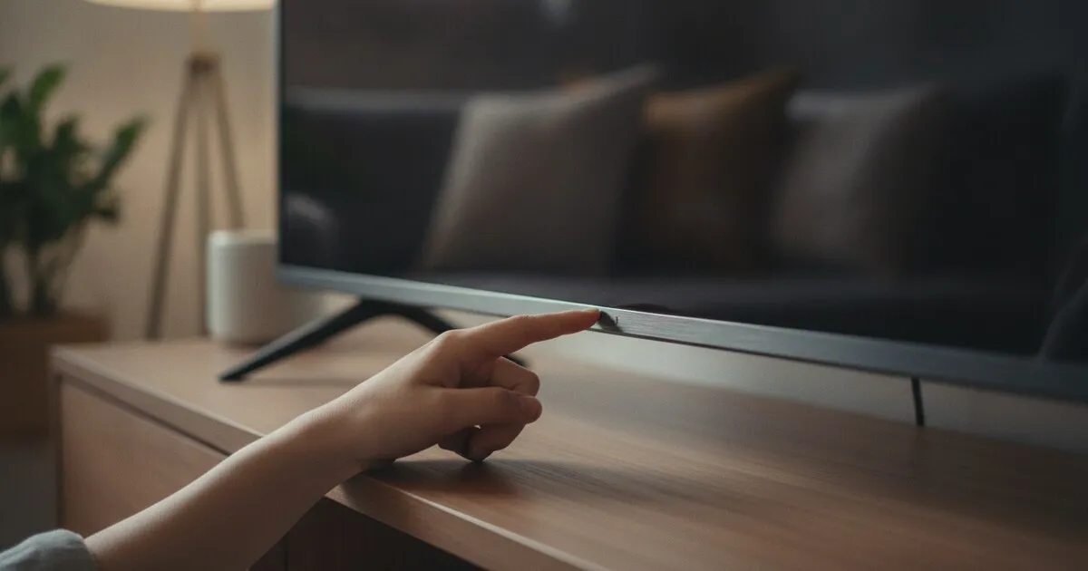 A finger pressing the hidden power button under the bottom edge of a TV