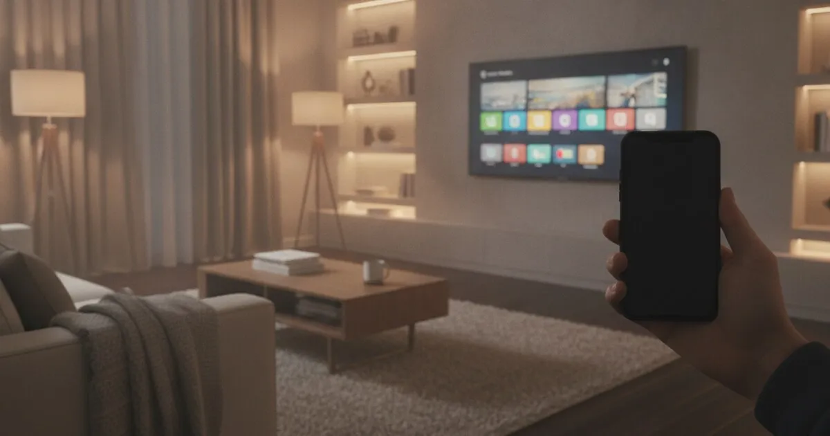 A phone used as a TV remote in a cozy living room with a smart TV home screen
