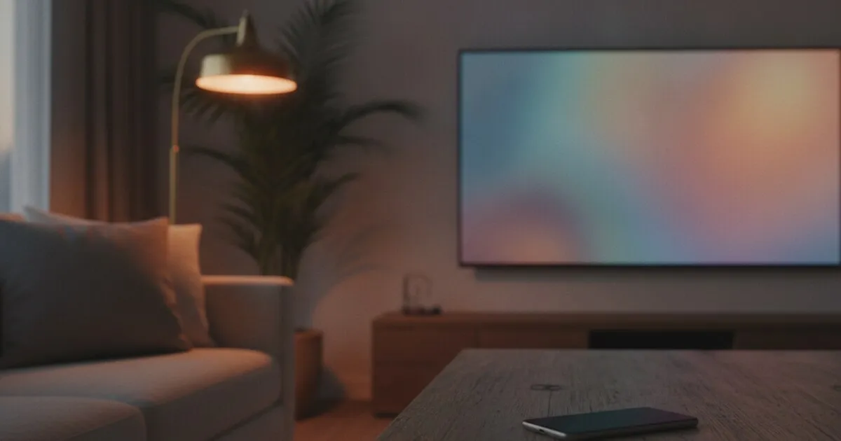 A smartphone on a coffee table in front of a wall-mounted smart TV