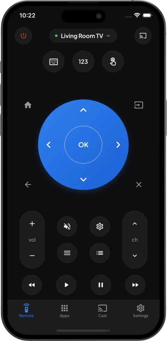 NoRemote remote screen: power, D-pad, volume, channels, keyboard, number pad and playback buttons
