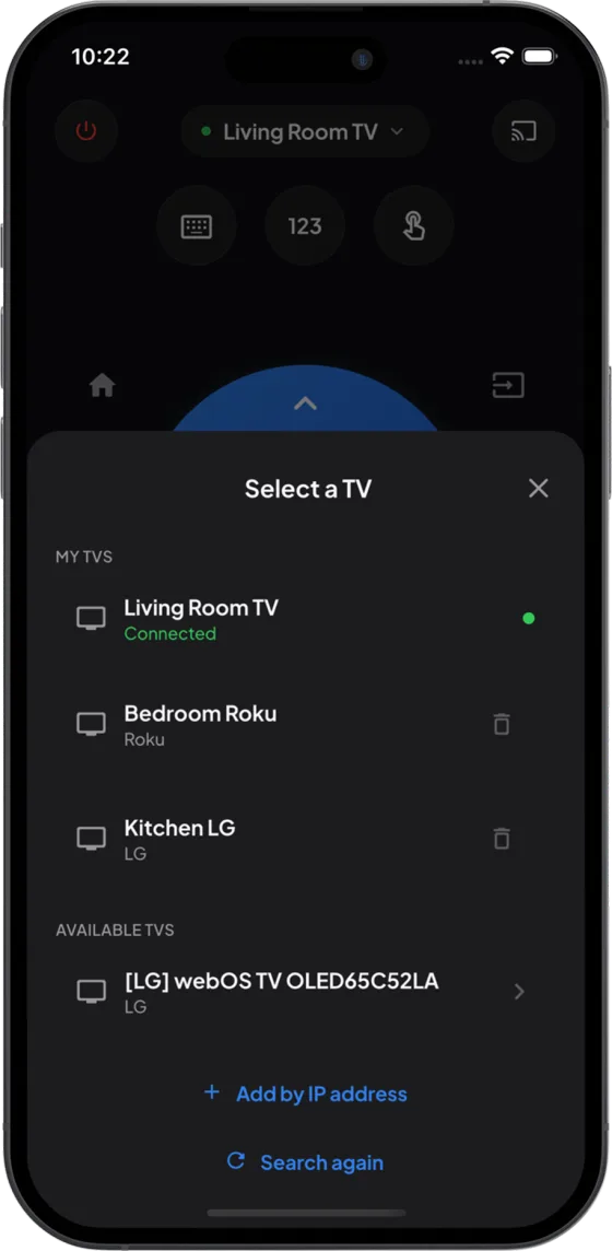 NoRemote TV picker listing a living room TV, a bedroom Roku and a kitchen LG found on the Wi-Fi